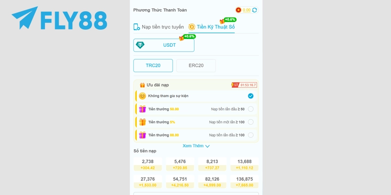 Chọn phương thức nạp tiền kỹ thuật số tại trang cá nhân FLY88