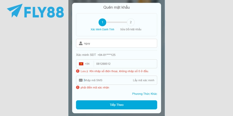 Xác minh mã OTP được gửi về số điện thoại để cập nhật mật khẩu FLY88 mới